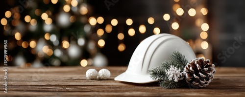 Festive construction theme with hard hat and christmas decor on rustic wooden table