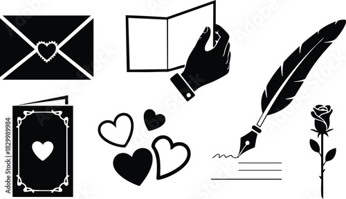 Flat design black and white love icons with envelope greeting card hand holding letter feather quill writing lines scattered hearts and single rose romantic theme