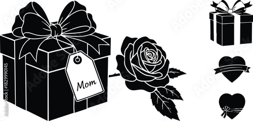 Flat design black gift box with bow and mom tag beside detailed rose and decorative heart icons for mothers day celebration in simple silhouette style