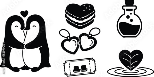 Flat vector art of hugging penguin couple with heart icons love potion bottle movie tickets layered heart cake and leaf heart in water for valentines day