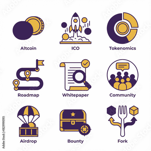 Cryptocurrency and Blockchain Concept Icons Set. Modern Line Vector Illustrations of Altcoin, ICO, Tokenomics, Roadmap, Whitepaper, Airdrop, Bounty, Fork for Crypto Projects