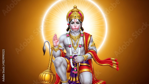 Supreme Powerful Lord Hanuman Embracing Devotion Blessing The World With His Divine Mace Seated In Meditative Pose Wearing Golden Crown And Ornaments Against A Radiant Gold Background Artistic Indian 