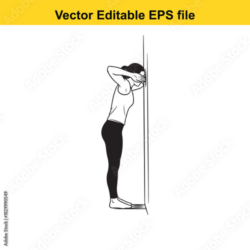 Woman performing a chest stretch exercise leaning against a wall with hands behind her head for physical therapy or fitness routine, isolated on white background