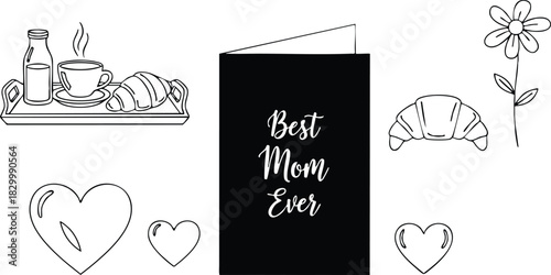 Minimal line art breakfast tray and croissant around best mom ever black greeting card with hearts and single daisy flower for mothers day celebration