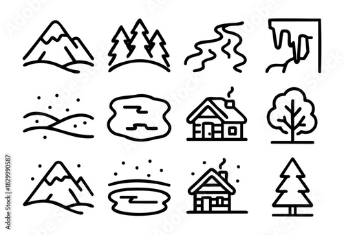 Winter Landscape line icons — mountains, forests, frozen ponds, and snowy nature scenes — stock vector.
