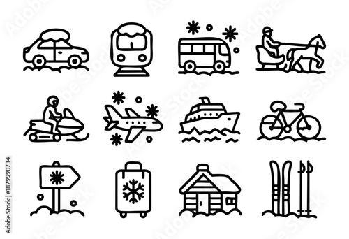 Winter Transportation line icons — various vehicles for travel in snow and cold weather — stock vector.