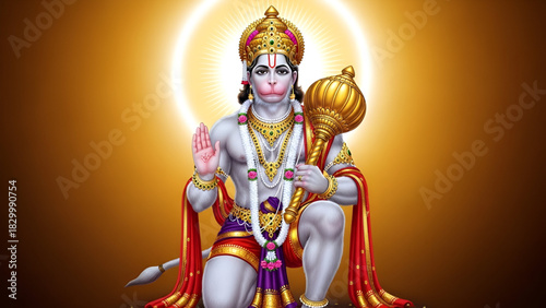 Supreme Powerful Lord Hanuman Embracing Devotion Blessing The World With His Divine Mace Seated In Meditative Pose Wearing Golden Crown And Ornaments Against A Radiant Gold Background Artistic Indian 