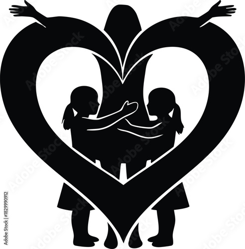 Flat design black silhouette of mother with two daughters forming large heart shape hug symbol for mothers day family love and childcare logo