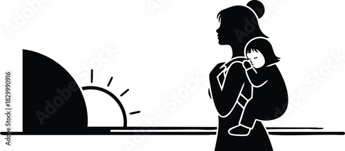 Minimalist vector art of mother silhouette carrying sleeping child at sunrise with horizontal horizon line and simple black shapes for mothers day theme