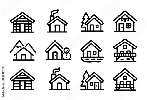 Winter Cabins & Houses line icons — various cozy homes, log cabins, and cottages in snowy settings — stock vector.