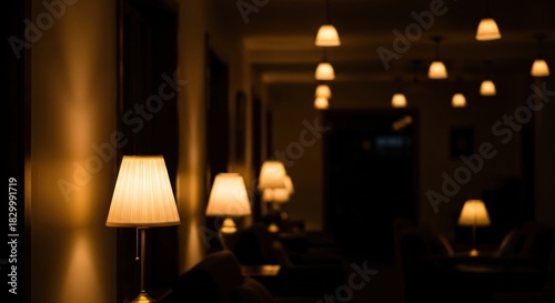 Elegant interior with a row of warm glowing lamps at night.