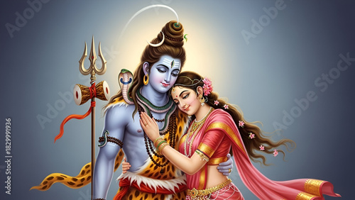 Mahadev Lord Shiva Parvati Embrace Love Affectionate Couple Divine Hindu Gods Together Traditional Clothing Mythology Romantic Background Bholenath Shankar Mahashivratri Festival
