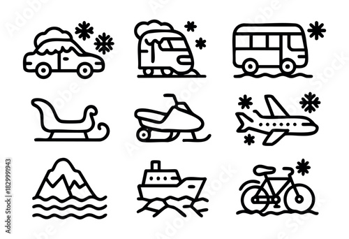 A collection of winter travel and transportation icons: car, train, bus, sleigh, snowmobile, airplane, ship, bicycle, and a mountain landscape, all featuring snow or snowflakes in a modern line art st