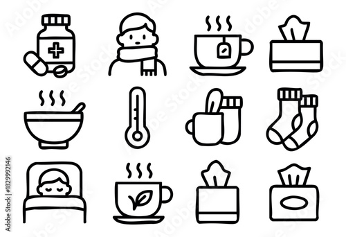 A collection of line icons depicting various elements associated with cold and flu season, including medication, a person with a scarf, hot beverages, tissues, a thermometer, and rest.