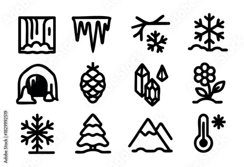 A collection of natural elements and seasonal phenomena presented as minimalist line art icons: waterfall, icicles, tree branches, snowflakes, ice cave, pine cone, crystals, and flowers.
