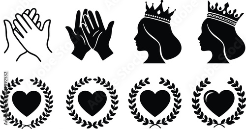 Flat black icon set with clapping hands and crowned woman profiles above laurel heart badges on white background for appreciation gratitude and queen celebration design