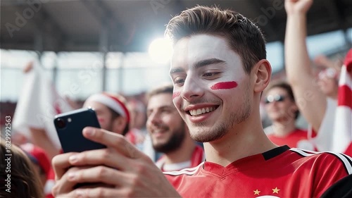 Young male soccer fan with red face paint smiles while using smartphone at a stadium during a live match, surrounded by cheering supporters in team jerseys.