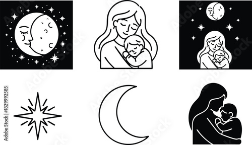 Minimalist line art icons of mother holding baby with crescent moon star and night sky arrangements in black and white celestial family vector set