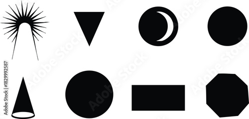 Minimalist vector art set of black geometric shapes with sunburst arch spotlight cone circle moon rectangle and octagon icons on white background