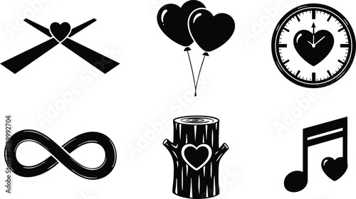 Minimal flat vector art set of black heart icons with crossed arrows balloons clock infinity stump and music note for romantic love and valentine design