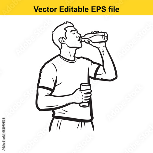 Black and white line art vector illustration of a young man drinking from a bottle while holding a glass, isolated on white background