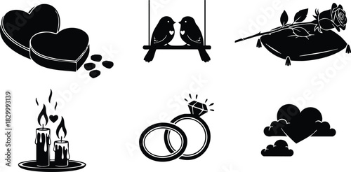 Minimalist black vector art set with hearts birds rose on pillow rings candles and clouds for romantic wedding and valentine design projects
