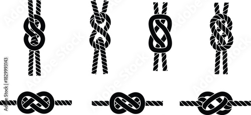 Minimalist vector art set of black rope knot icons with six different nautical tying styles in two rows on white background flat silhouette design