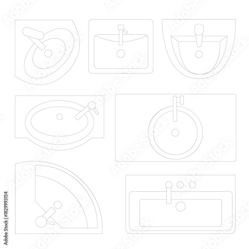 A clean collection of top-view bathroom sinks in modern geometric shapes, designed for floor plans, CAD drawings, and interior layouts. Perfect for architects, interior designers.