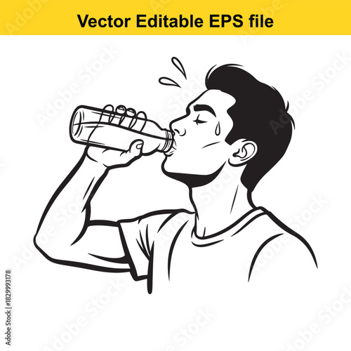 Black and white line art illustration of a man drinking water from a plastic bottle, isolated on white background