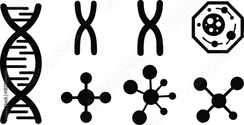 Flat design black dna helix chromosome cell and molecule icons arranged in two rows on white background for modern science education interface graphics