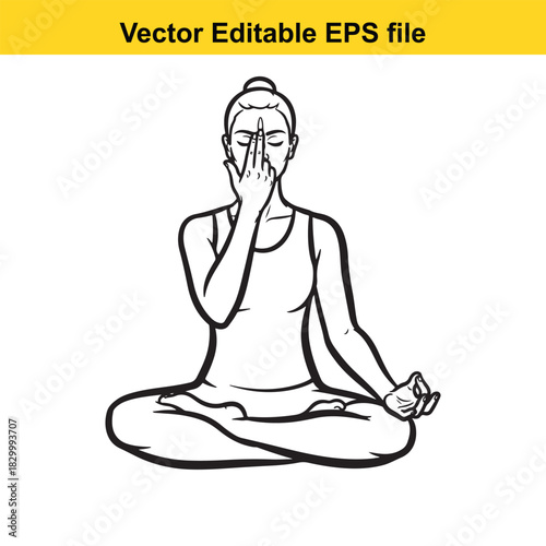 Black and white line art illustration of a woman practicing alternate nostril breathing exercise, nadi shodhana pranayama, isolated on white background