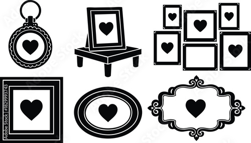 Flat vector art of black heart picture frames and locket in assorted shapes including ornate rectangle and oval on white background for romantic decor