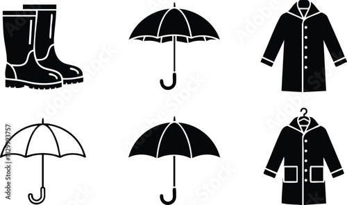Monochrome flat design vector art set of rubber boots umbrellas and raincoats showing solid and outline rainy day clothing icons in simple grid layout