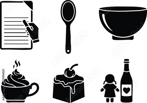 Flat icon set of baking recipe hand holding paper spoon bowl coffee cup cake slice cherry doll and heart bottle in simple black silhouette style