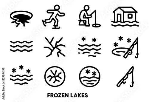 A collection of simple line art icons representing various water, ice, and winter-related activities and elements, including ice skating, ice fishing, floating, frozen water, snowflakes, and a house o