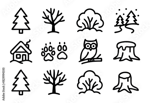 A collection of minimalist line art icons depicting various nature and forest elements including different types of trees, a snowy winter forest, a cozy cabin, animal paw prints, an owl on a branch, a
