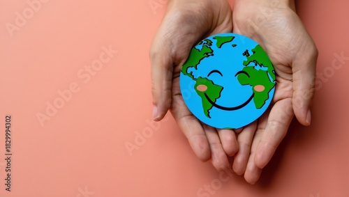 Hands gently holding a happy cartoon earth
