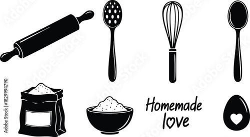 Flat black baking vector art with rolling pin whisk spoons flour bag bowl egg with heart and homemade love lettering arranged in simple kitchen icon set
