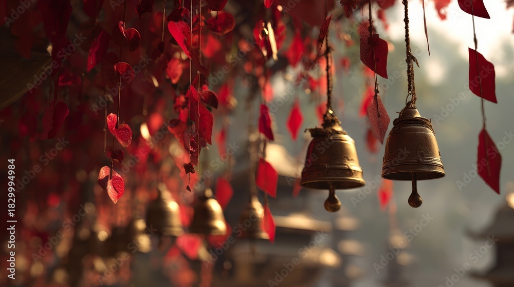 Obraz premium Golden temple bells hanging among red paper decorations
