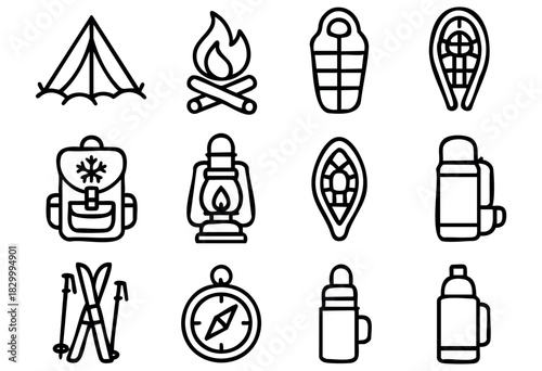 A comprehensive collection of outdoor adventure and camping gear icons, including a tent, campfire, sleeping bag, backpack, lantern, compass, snowshoes, skis, and thermoses, rendered in a minimalist l