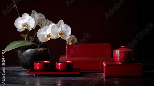 Traditional tea ceremony setup with red lacquer boxes and blooming orchids