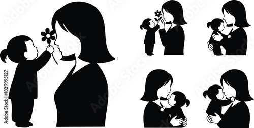 Flat design black silhouette set of mother and daughter moments with flower gift hugging and kissing poses for mothers day celebration on white background vector art