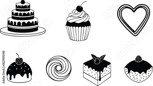 Flat design black dessert icons with tiered cake cupcake swirl candy and heart outline arranged in two rows for bakery menu and valentines celebration graphics