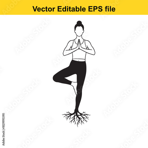Black and white line art vector icon of a woman practicing yoga tree pose vrksasana with roots growing from her standing foot, isolated on white background