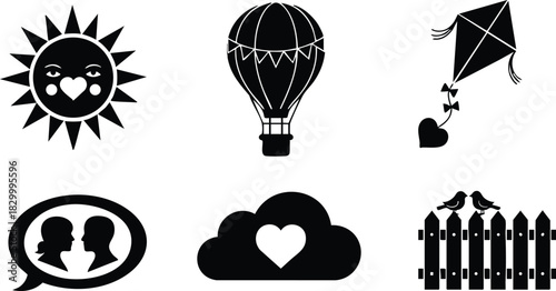 Minimalist love icons set with black sun face hot air balloon kite cloud heart birds on fence and couple chat silhouettes for valentines day romance
