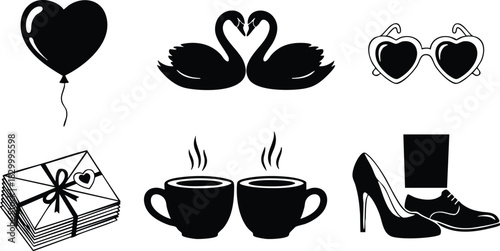 Flat design black love icons set with heart balloon swan couple heart sunglasses letters coffee cups and shoes for romantic valentines day projects