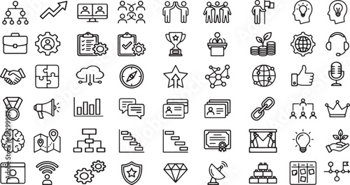 Collection of business, management, and success concept icons in grayscale style