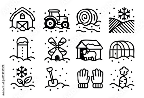 This seamless background features minimalist farm icons, including a barn, tractor, hay bale, tilled fields, grain silo, windmill, chicken coop, greenhouse, Christmas tree, shovel, carrots, and crop s
