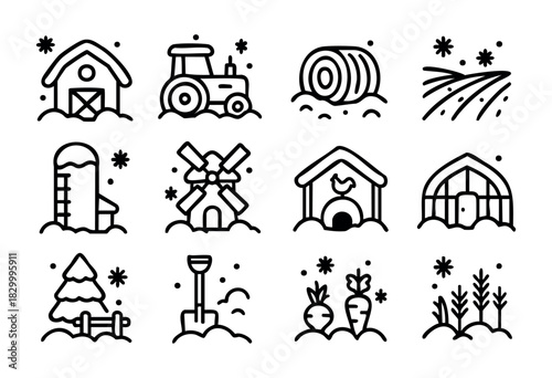 This seamless background features minimalist farm icons, including a barn, tractor, hay bale, tilled fields, grain silo, windmill, chicken coop, greenhouse, Christmas tree, shovel, carrots, and crop s