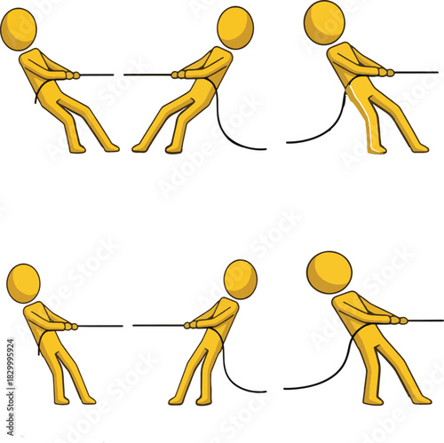Six yellow stick figures engaged in a competitive game of tug of war